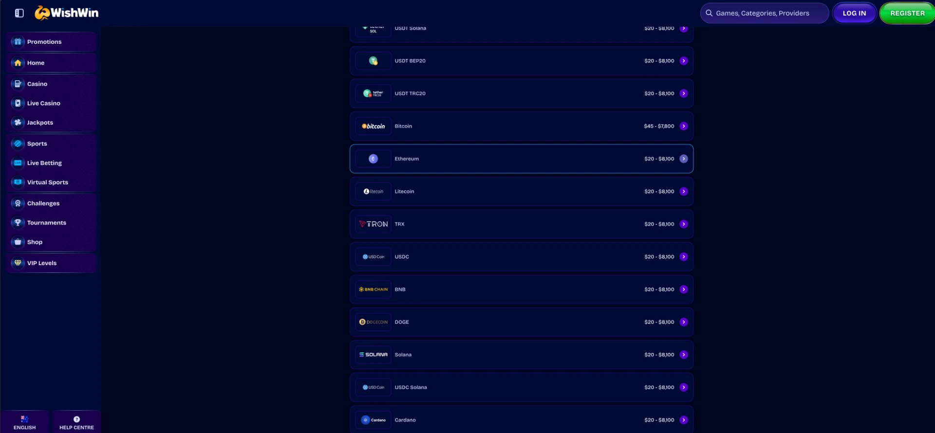 Payment methods at Wishwin casino