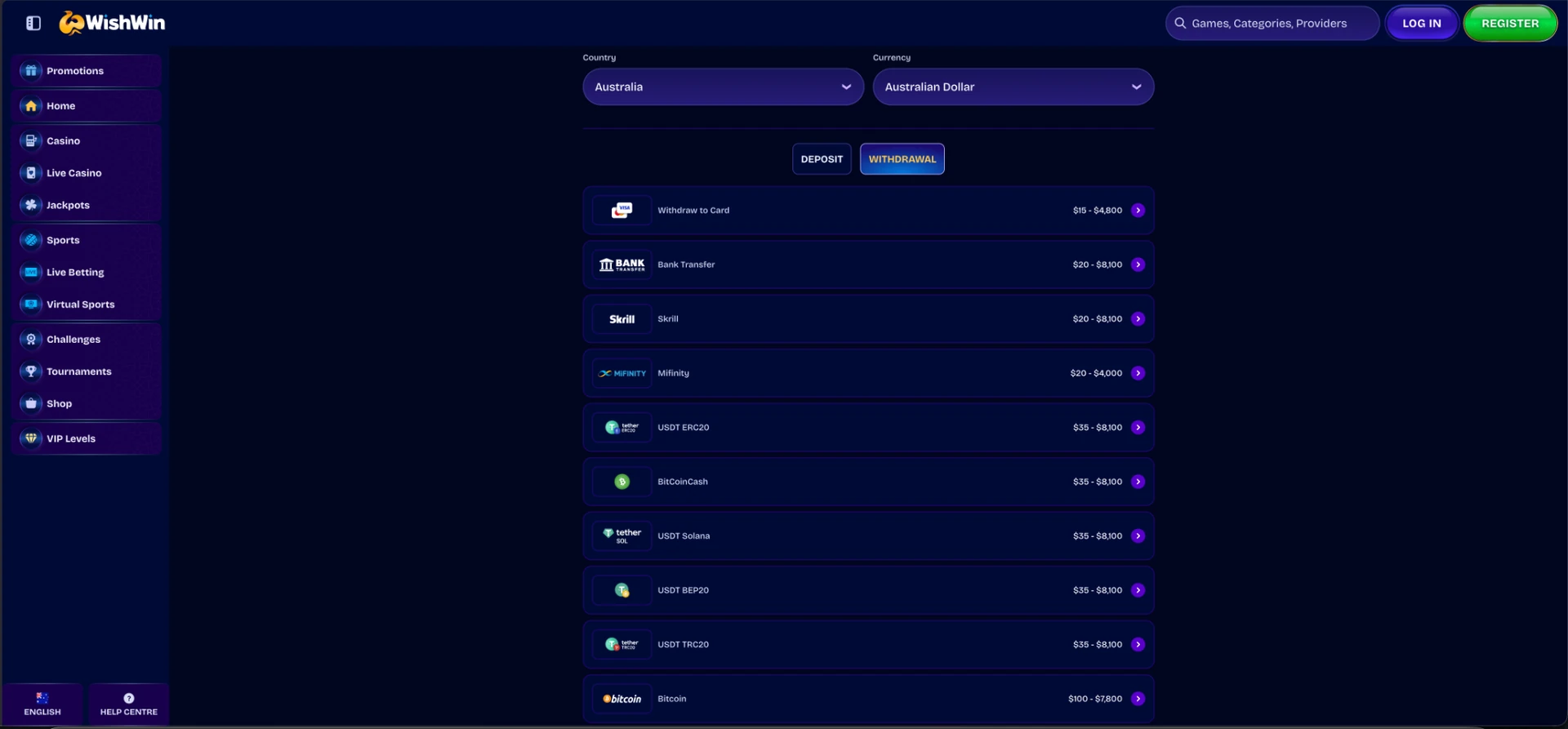 Wishwin withdrawal methods