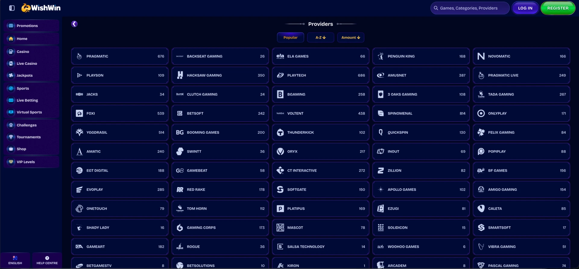 Game providers available at Wishwin