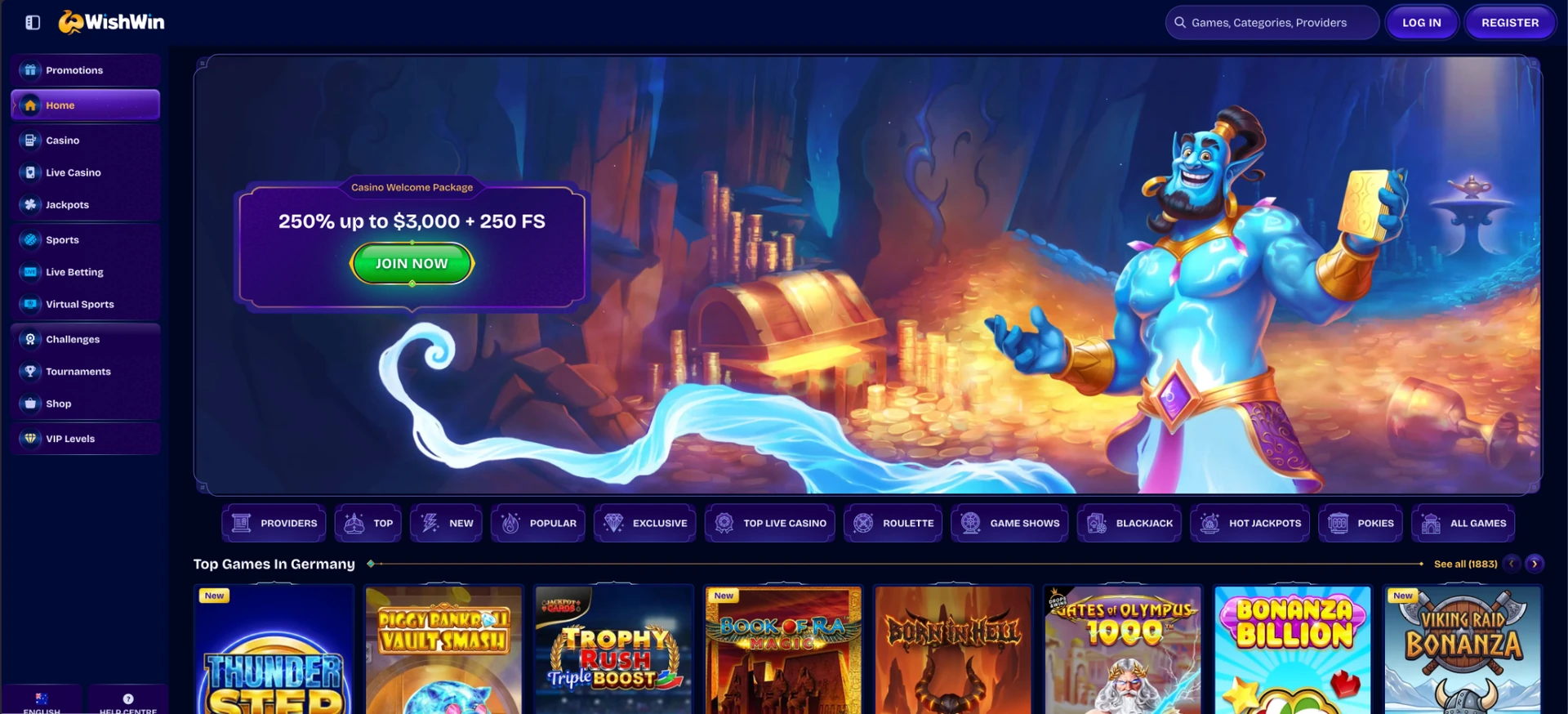 Wishwin casino homepage and navigation