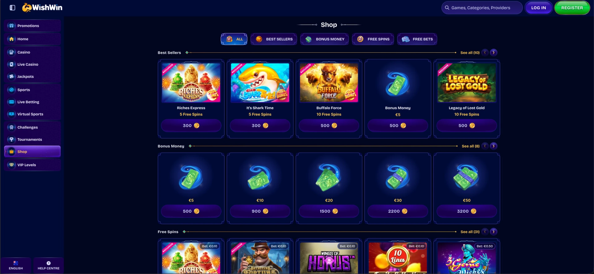 Rewards in the Wishwin Shop
