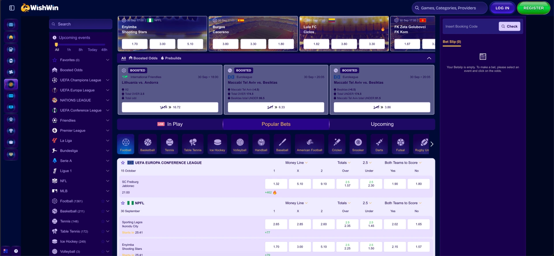 Sports and live betting at Wishwin
